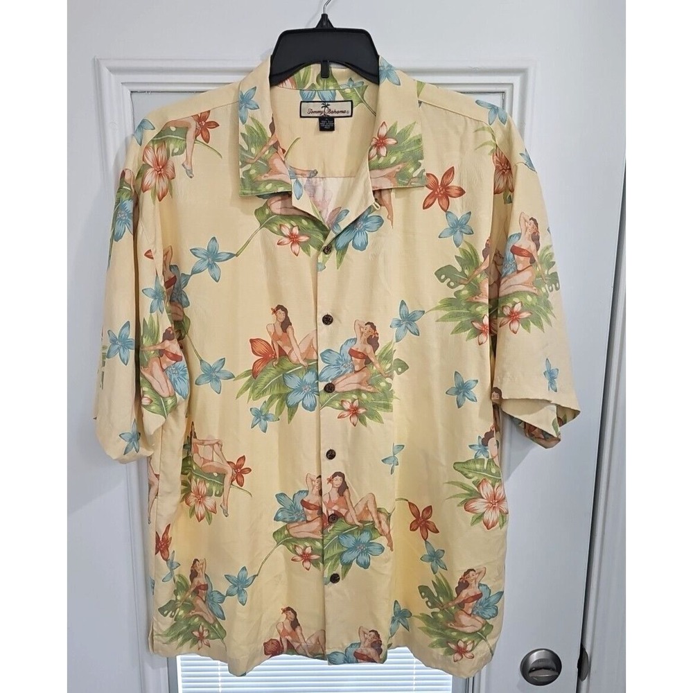 Tommy Bahama Hawaiian Floral Tropical Shirt 100% Silk Lady & Flower Print sz XL